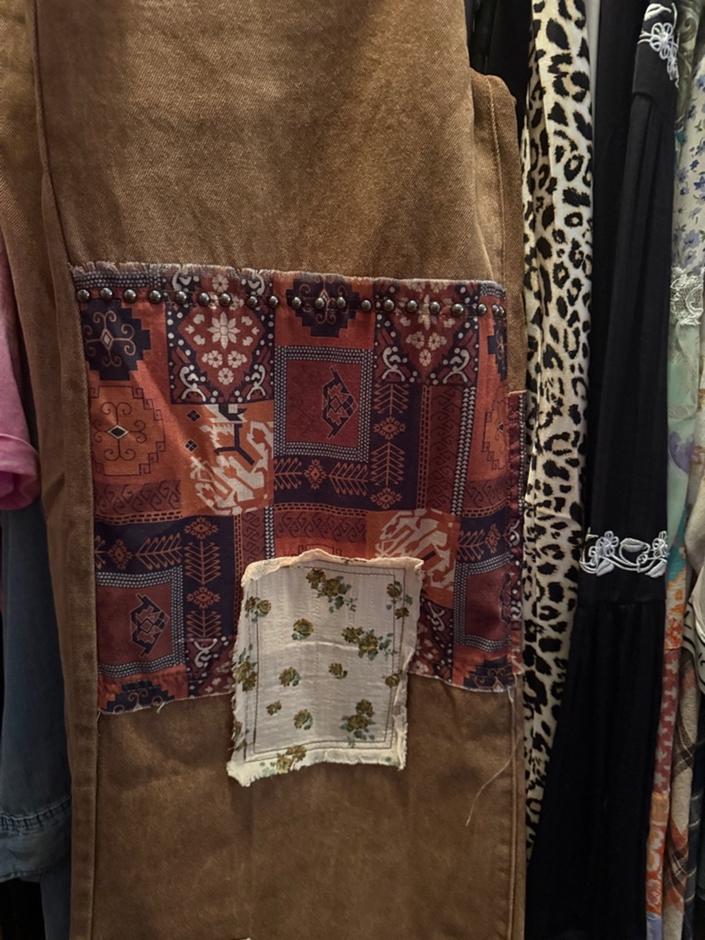 POL Brown Patchwork Wide-Leg Pants with Printed Patches - Picture 14 of 14